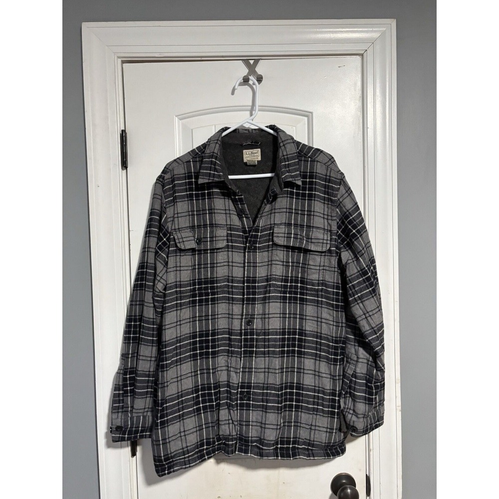 LL Bean Fleece Lined Plaid Flannel Shirt Jacket Mens Large Reg w/ Pockets